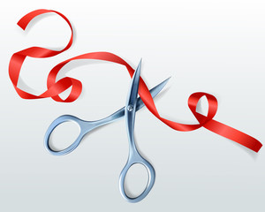 Scissors cutting red ribbon vector illustration for award ceremony or grand opening celebration design element template