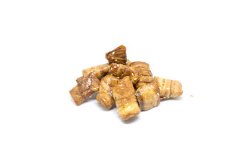 Caramel banana chips isolated on white background