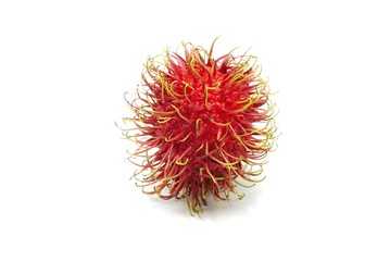Top view of rambutan isolated on white background, Tropical fruit, copy space. (Nephelium lappaceum)