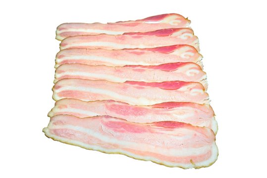Raw meat, Raw bacon isolated on white background, Brisket, bacon strips, cooking food, Prosciutto,Top view, Slices, uncooked, rolls