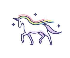 Elegant and glorious unicorn doodle style icon. Vector illustration logo of a sparkling fantasy white horse with horn and rainbow colored mane.