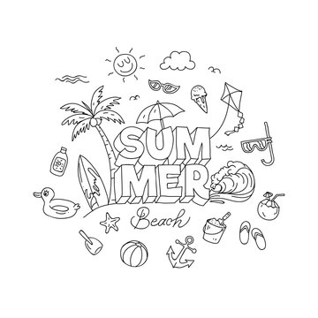 Summer time doodle artwork with beach holiday elements. Hand drawn illustration.