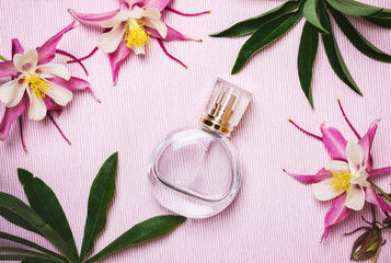 Women's perfume bottle and pink flowers on pink background