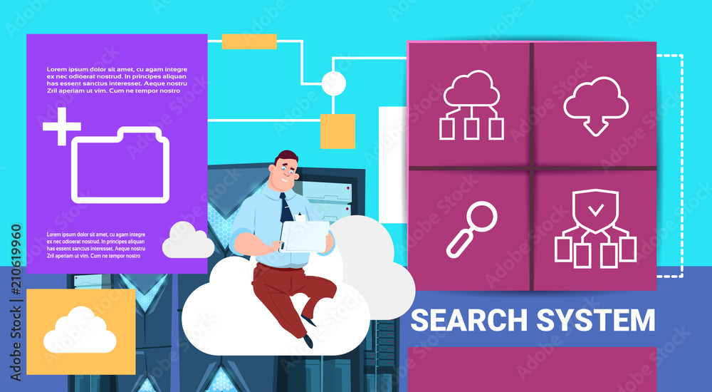 Poster man with tablet on data storage cloud synchronization center with hosting servers and staff. search 