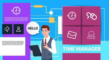 businessman with tablet time manager shedule presentation interface concept bubble support copy space vector illustration