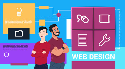 web design technology presentation two man mix race over interface icon website ideas information concept copy space banner flat vector illustration