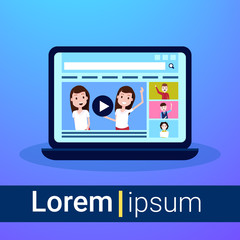 laptop media load concept online video stream service player interface watch character on blue background flat copy space vector illustration