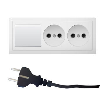 Electric adapter with two connectors and switch. Electrical outlet. Vector illustration.