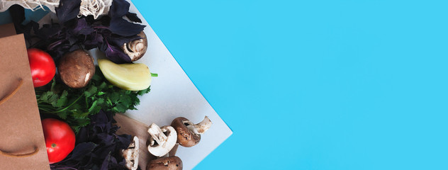 Paper bag of different health food on blue background. Сucumber tomato cucumber zucchini squash parsley eggs pepper mushrooms basil. Top view. Flat lay. Сopy space