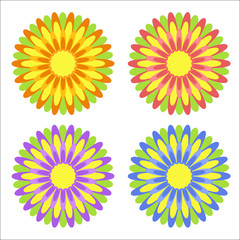 Fototapeta na wymiar Set of flat isolated colored yellow, red, purple, blue abstract flowers with green leaves on a white background. Simple design for decoration