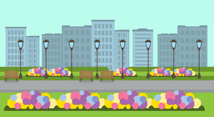 city park wooden bench street lamp green lawn flowers template cityscape background flat banner vector illustration