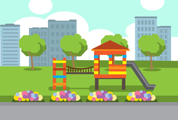 city park children playground flowers green lawn trees cityscape template background flat vector illustration