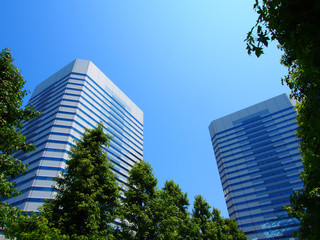 Fototapeta na wymiar Modern skyscrapers in business district of Makuhari, Chiba, Japan