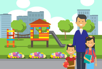 father daughter son portrait avatar city park children playground flowers green lawn trees cityscape template background flat vector illustration