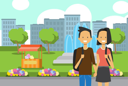 teenager boy girl couple in love, portrait avatar over city park ice cream fountain flowers green lawn trees template background flat vector illustration