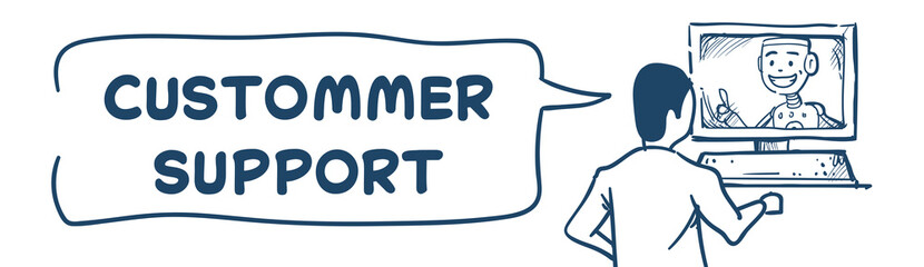 support center robot agent computer artificial intelligence client online operator customer and technical service icon, chat concept white background sketch banner vector illustration