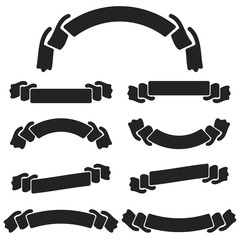 A set of flat black isolated silhouettes of strips of banners on white background