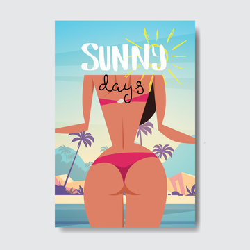 rear view sexy woman relax sunny beach booty bare ass bikini summer vacation badge Design Label. Season Holidays lettering for logo Templates invitation greeting card prints and posters vector