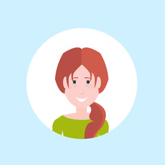 redheat woman face portrait on blue background, female avatar flat vector illustration
