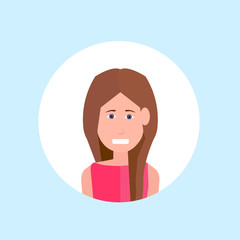 woman face happy lady portrait on blue background, female avatar flat vector illustration