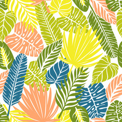 Fototapeta premium Exotic Jungle Plants Seamless Pattern on White Background.