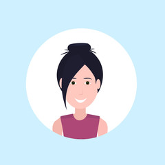 Obraz premium asian woman face happy lady portrait on blue background, female avatar flat vector illustration