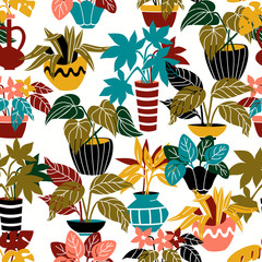 Fototapeta premium Seamless Floral Background with Plants in Pot on White Background.