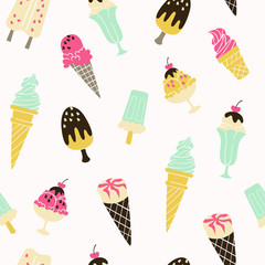 Summer Seamless Pattern with Ice Cream on the White Background.