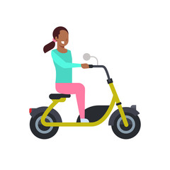 Fototapeta na wymiar african girl riding electric scooter over white background. electric bike concept. cartoon full length character. flat style vector illustration