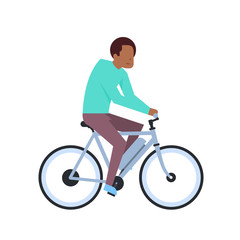 african boy riding electric bike over white background. hybrid bike concept. cartoon full length character. flat style vector illustration