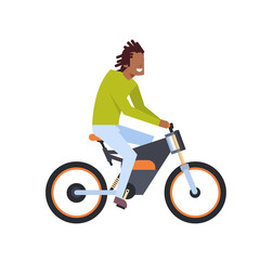 Fototapeta premium african man riding electric scooter over white background. motorcycle concept. cartoon full length character. flat style vector illustration