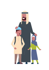arabic father beard son and daughter full length avatar on white background, successful family concept, flat cartoon vector illustration