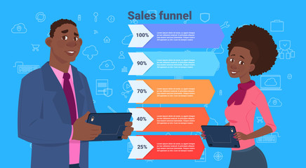 african business man woman sales funnel with steps stages business infographic. purchase diagram concept over blue background copy space flat design vector illustration