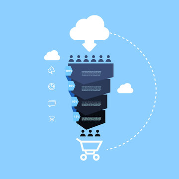 Sales Funnel With People Icon Online Cloud Shopping Cart Stages Business Infographic. Purchase Diagram Concept Over Blue Background Copy Space Flat Design Vector Illustration