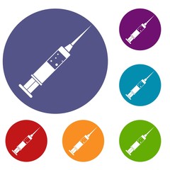 Injection syringe icons set in flat circle red, blue and green color for web