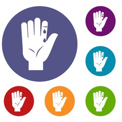 Finger with blood dripping icons set in flat circle red, blue and green color for web