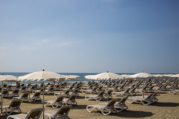 Mackenzie sandy beach at Larnaca, Cyprus. Sun loungers and umbrellas. Blue sky background, close up view.