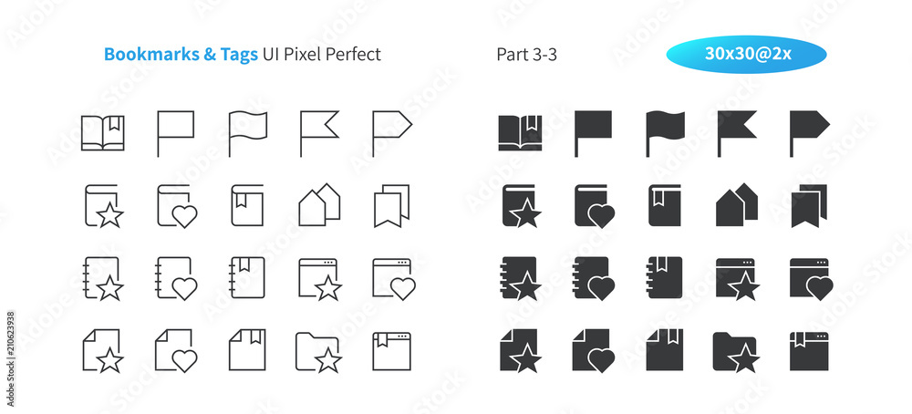 Poster bookmarks & tags ui pixel perfect well-crafted vector thin line and solid icons 30 2x grid for web g