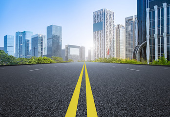 Air highway asphalt road and office building of commercial building in modern city