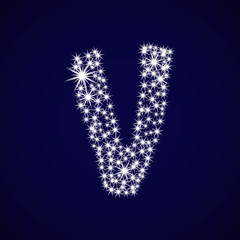 Letter of the alphabet V. Vector illustration. Shiny stars on blue background.