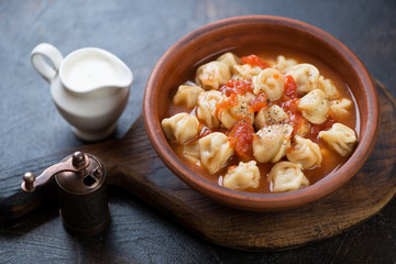 Soup with pelmeni or russian meat dumplings in a clay plate on a rustic wooden serving board, studio shot