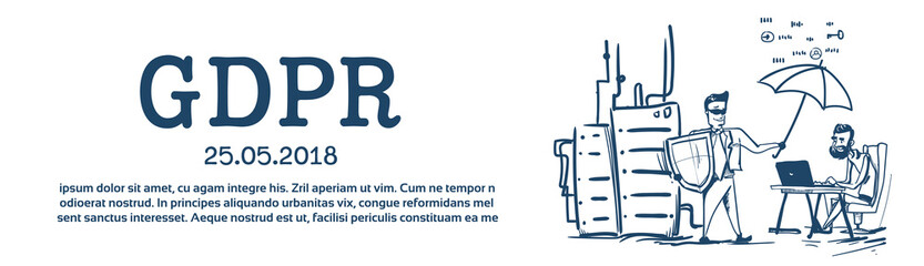 man in business suit shield hold umbrella businessman working office desk General Data Protection Regulation GDPR hosting server security guard over white background hand drawn banner copy space