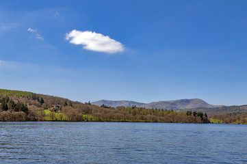 Beautiful blue water of Lake Windermere in the Lake District National Park, South Lakeland, North West England, UK