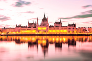 Parliament and riverside in Budapest Hungary during sunrise. Famous landmark in Budapest.