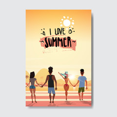 summer love people holding hands looking sunset rear view relax landscape beach badge Design Label. Season Holidays lettering for logo,Templates, invitation, greeting card, prints and posters. vector