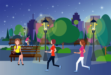 public night park people relax sitting wooden bench outdoors running green lawn trees on city buildings template background flat vector illustration