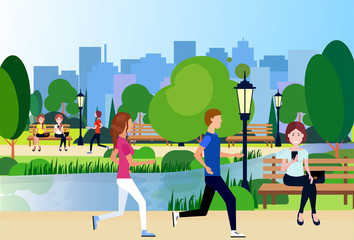 urban city park outdoors man woman running wooden bench street lamp river green lawn trees on city buildings template background flat vector illustration