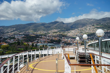View of Madeira Island from the cruise ship with deck foregraund