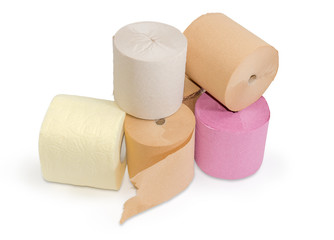 Rolls of various toilet paper different colors on white background