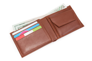 Open brown leather wallet with money and bank cards